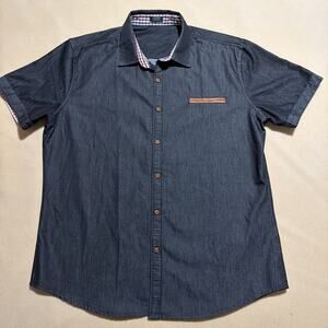 Coofandy Mens L Charcoal Black Denim Short Sleeve Shirt Plaid Trim Leather...